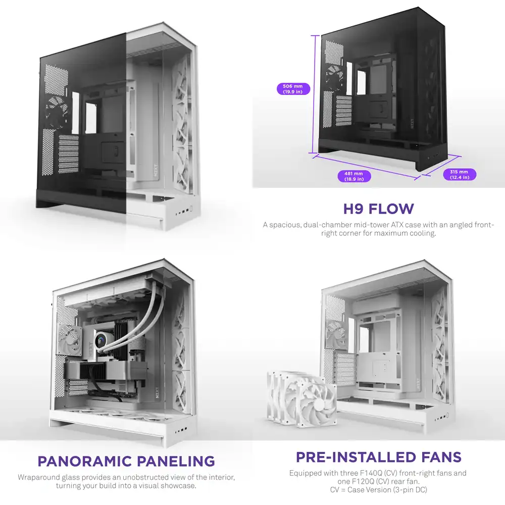 Pc Gaming Nz - 2025年ニュージーランド/XT H9 Flow ブラックホワイト ミッドタワーATXゲーミングガラスビューパソコンケース（4つのファンが事前に搭載済み）ゲーミングデスクトップDIY用