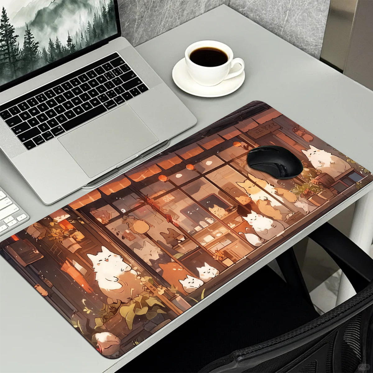 かわいい漫画の猫カフェ拡張ゲーミングマウスパッド耐久性のある - Pc Gaming Cafe のレビューと価格
